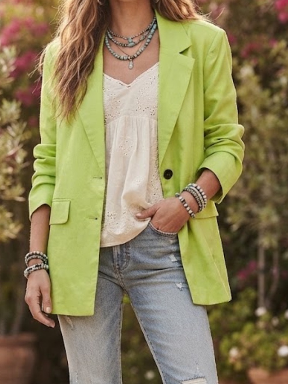Avec Les Filles Lime Green Linen Blend Blazer XL | Oversized Statement